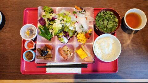 秋保温泉「蘭亭」の朝食バイキングで野菜をいっぱい盛り付け_w1280_20240130_073520
